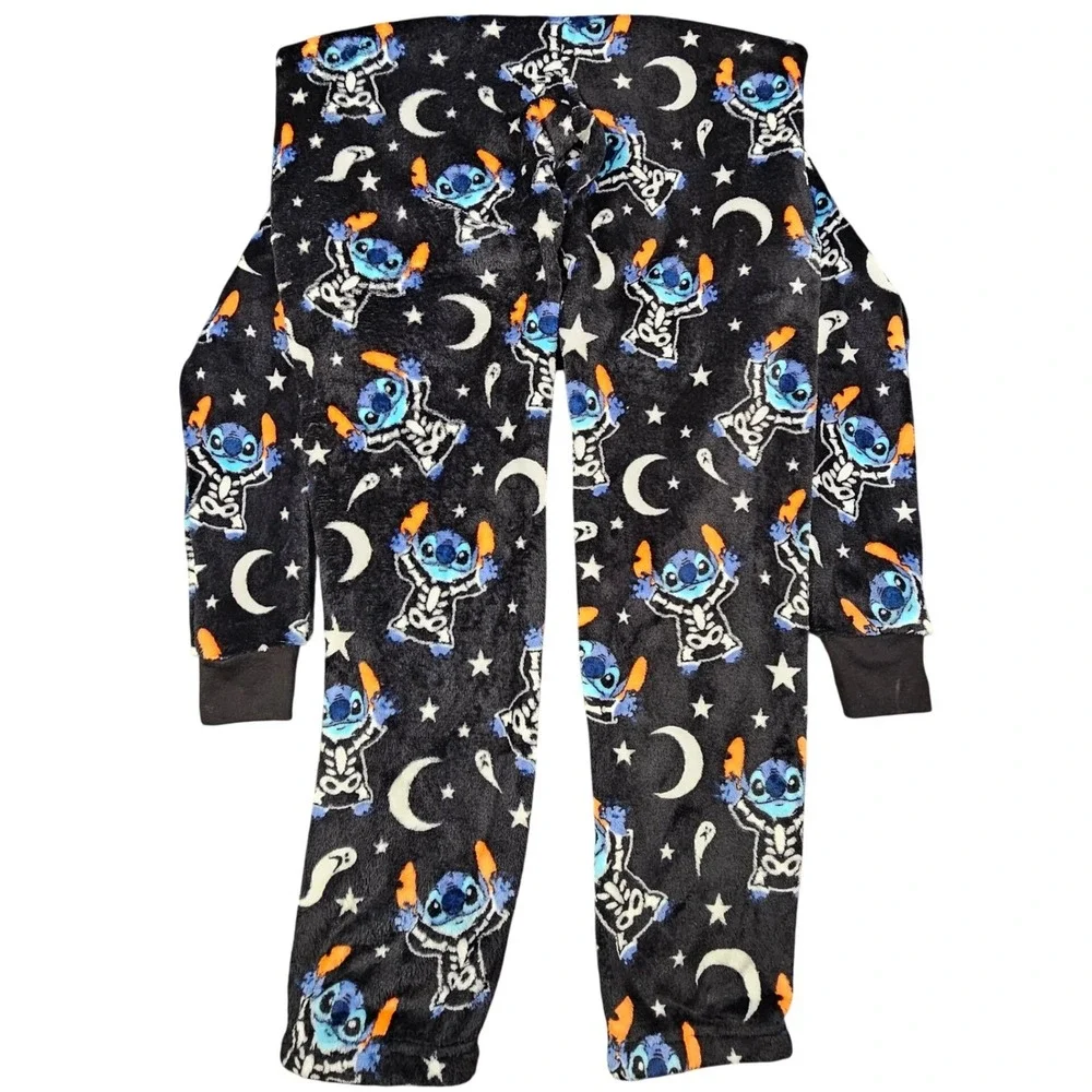 Disney Stitch Halloween Skeleton Union Suit Pajamas M 8-10 Hooded Onesie Costume